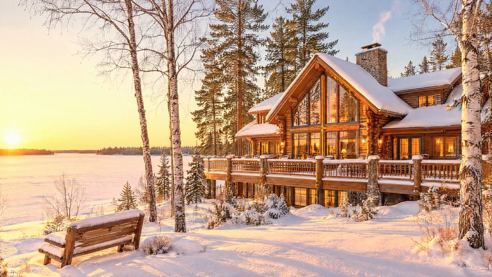 A luxury log lake home glowing warm in golden winter sunlight, with birch trees and a snowy frozen lake beside it