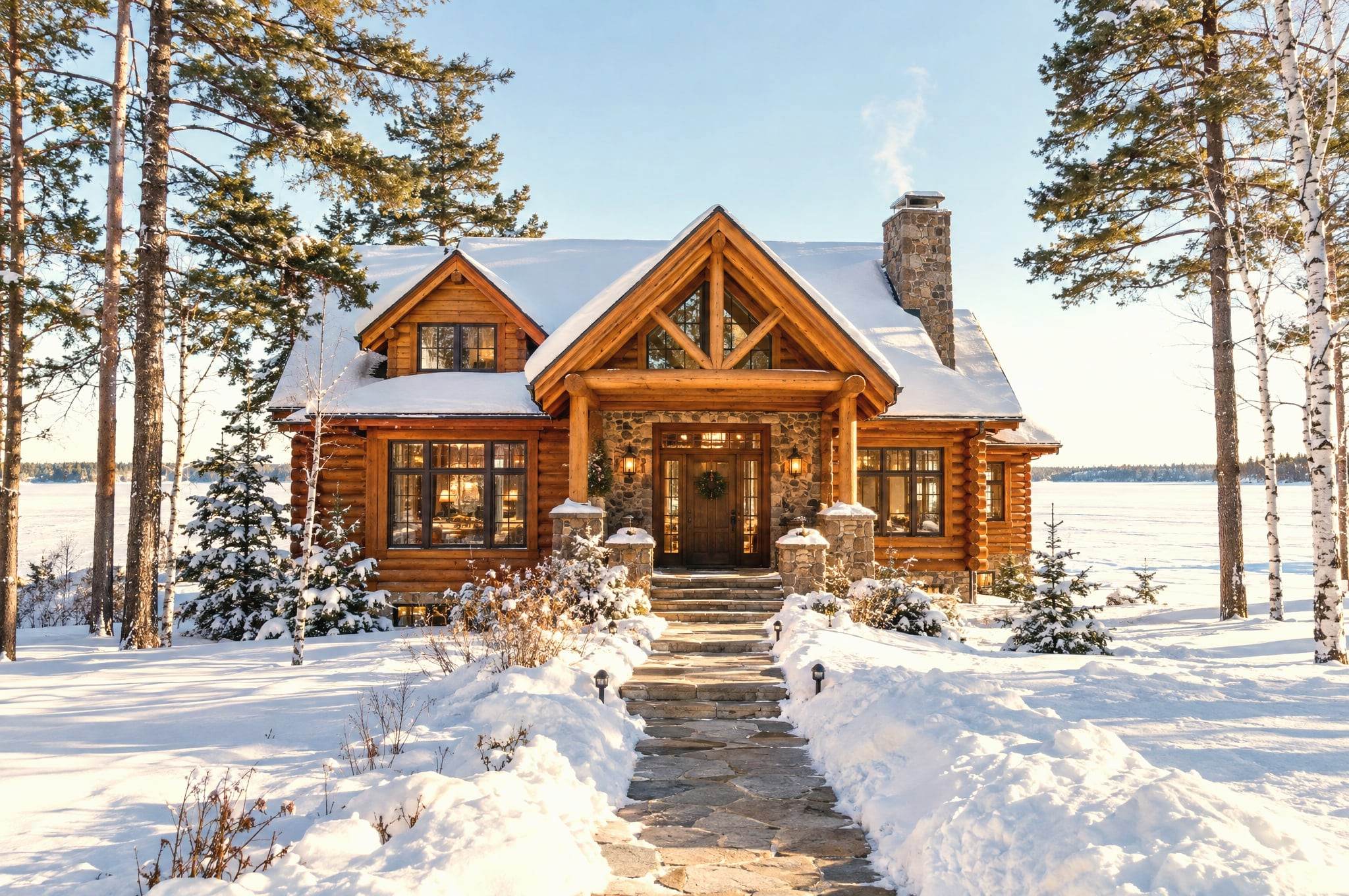 A snow-covered log lake home closed up for winter at dusk, one lamp lit in the window